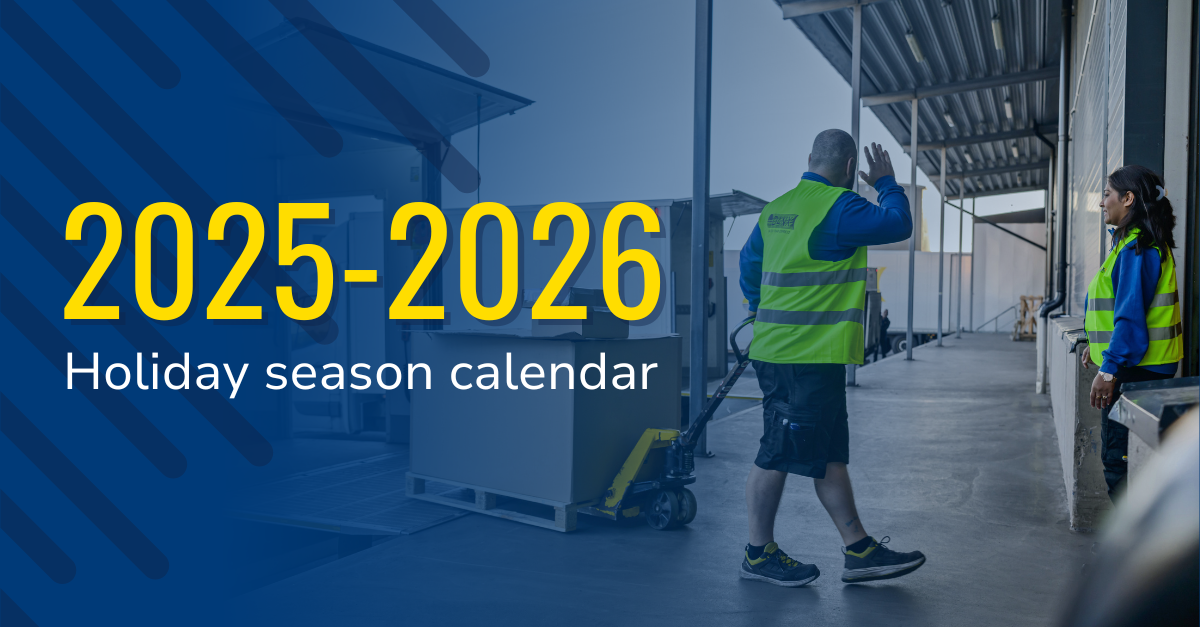 2025-26 Holiday schedule Logistics staff working outside terminal, waving while moving trolley