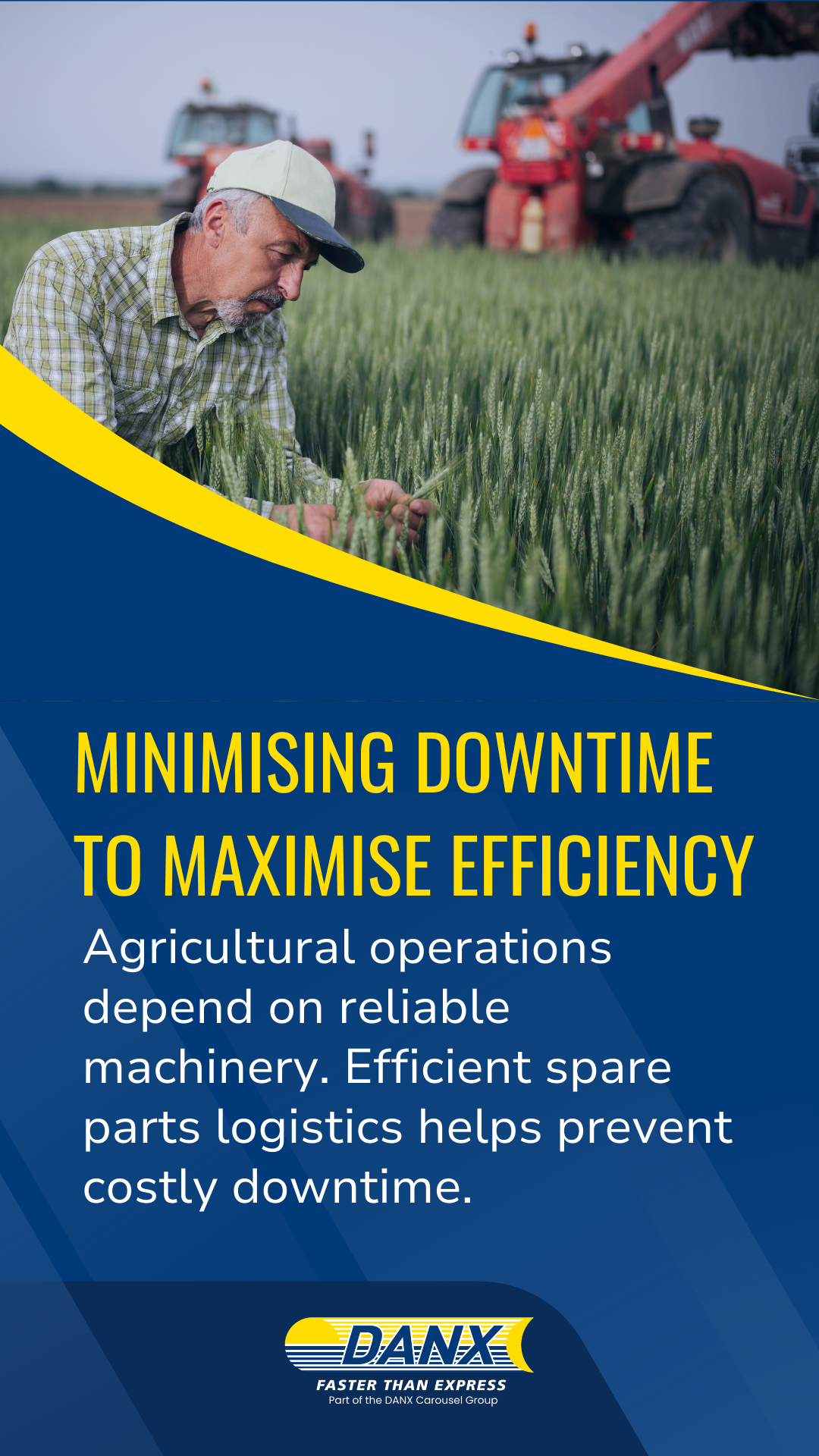 Automotive last mile blog (1) Farmer inspecting crops in field with agricultural machinery in background, highlighting time-critical spare parts logistics for farming uptime.