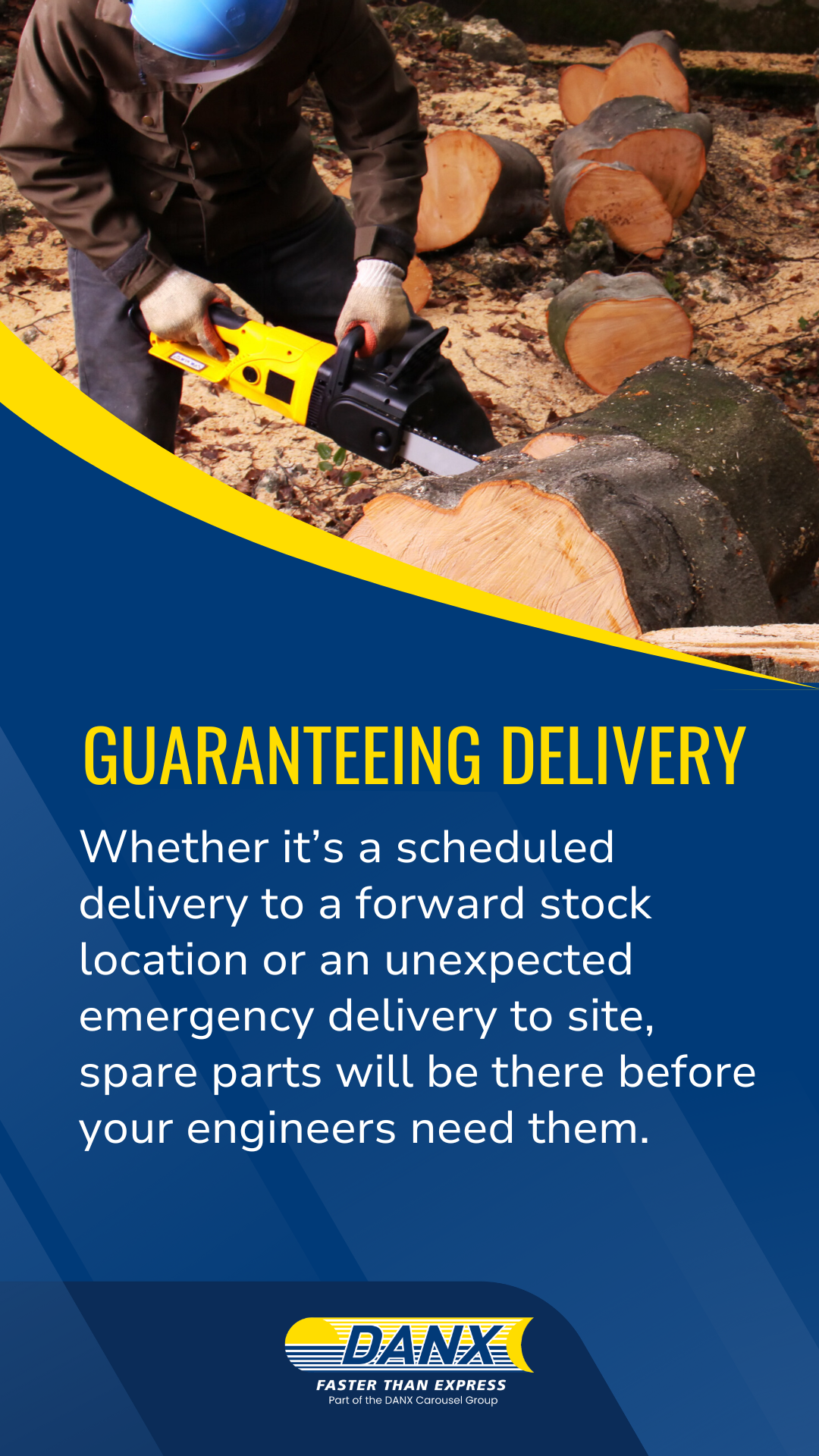 Forestry urgent delivery blog Man using the chainsaw and text from the blog